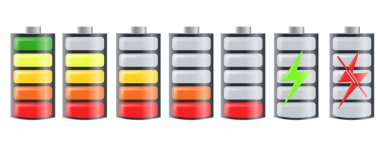 Kırmızı şarj seviyeli pil seti, pil şarj göstergesi, şarj seviyesi göstergesi. vektör illüstrasyonu.