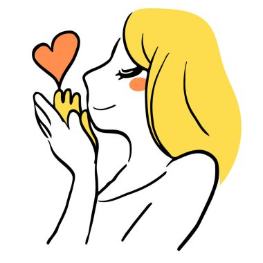 İki eliyle bir kalbi öpen bir kadının el çizimi.