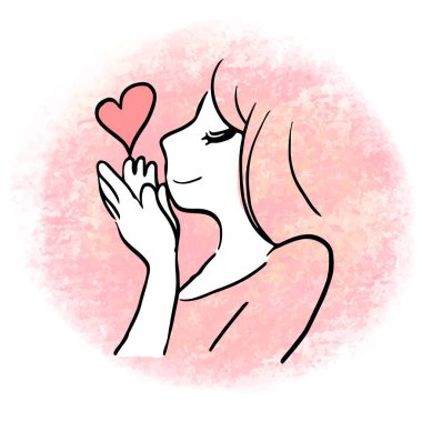 İki eliyle bir kalbi öpen bir kadının el çizimi.