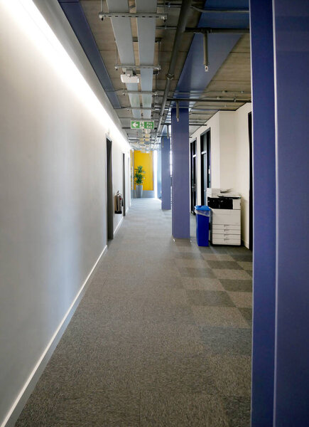 building interior with blue metal structure