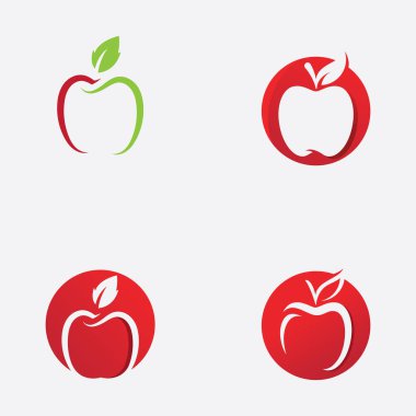 Elma logosu tasarım vektörü, yeşil yapraklı kırmızı elma, sağlıklı gıda logosu çizimi