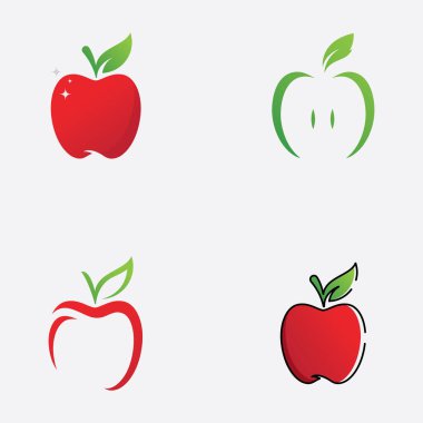 Elma logosu tasarım vektörü, yeşil yapraklı kırmızı elma, sağlıklı gıda logosu çizimi