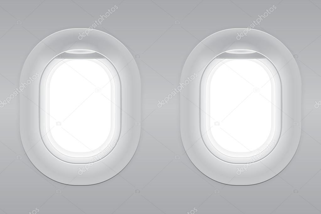 Two gray blank window plane, gray airplane window, gray light template, plain aircraft window white space.