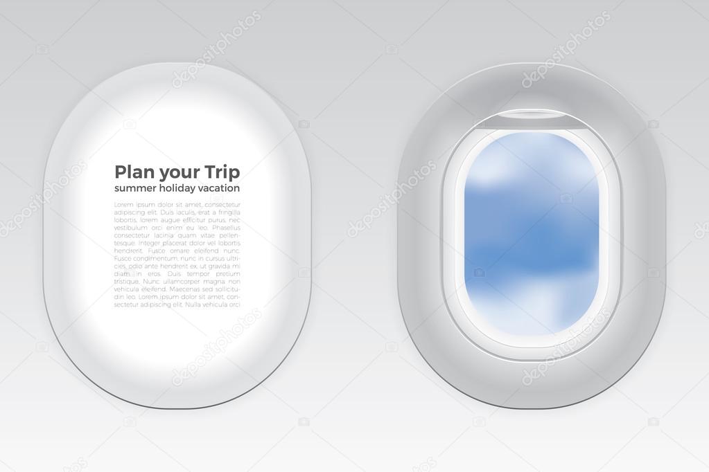 Two gray window plane with blue sky cloud view, poster and demo text box layout.
