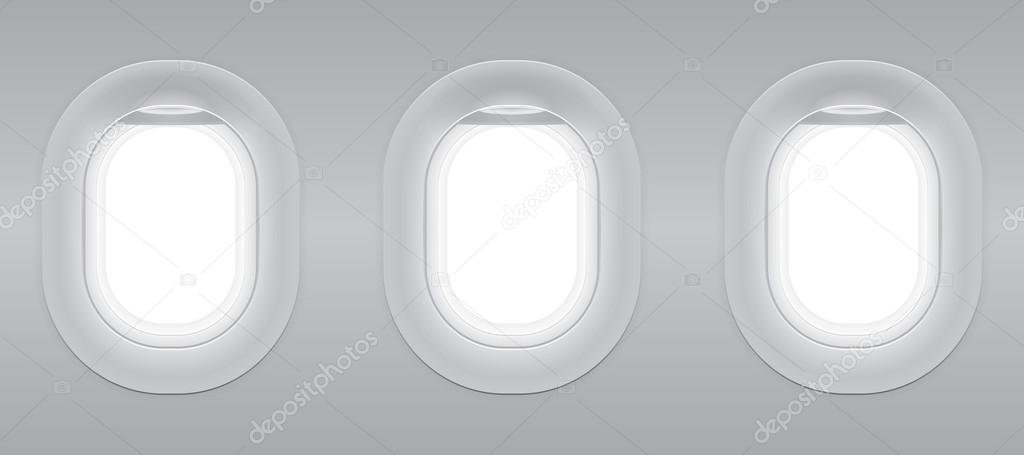 Three gray blank window plane, gray airplane window, gray light template, plain aircraft window white space.