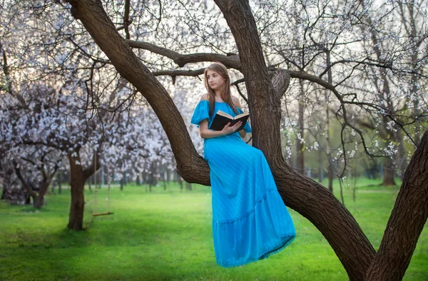 Girl with a book sitting on a tree — Stock Photo, Image