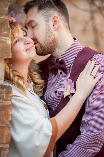Happy couple man kissing and basking — Stock Photo, Image