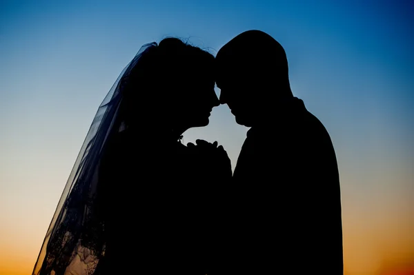 Silhouette du marié et de la mariée au coucher du soleil — Photo