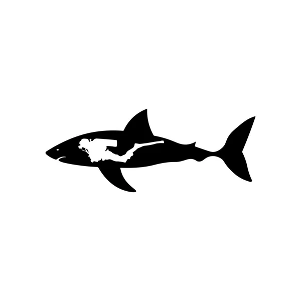 Shark with diver icon. Black icon on white background. — Stock Vector