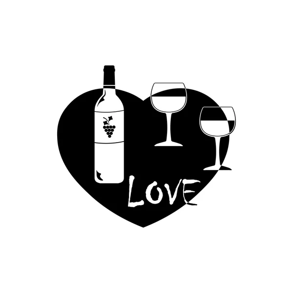Вино и стекло в сердце икона. Черный значок на белом фоне . — стоковый вектор