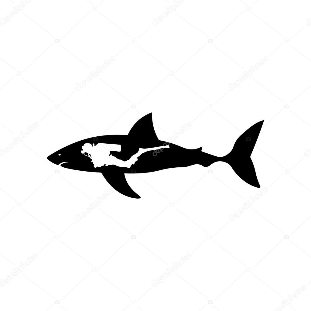 Shark with diver icon. Black icon on white background. Stock Vector ...