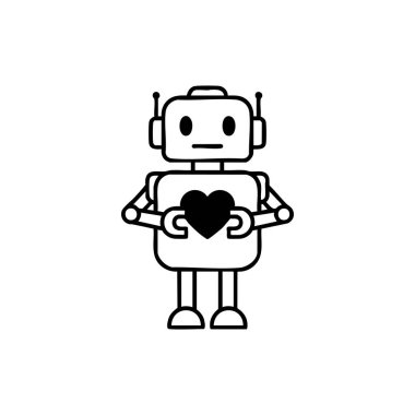 Sevimli Siyah ve Beyaz Robot Kalbi Tutan Sevgililer Günü Vektör İllüstrasyonu