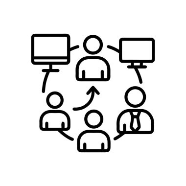 Yönetim ekibi liderlik simgesi iş adamlarının işbirliği ve iş akışı organizasyonunun siyah-beyaz vektör illüstrasyonu