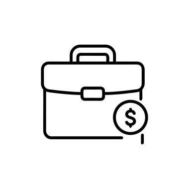 Dolar madeni para çizgisi simgesine sahip iş yönetimi çantası finans yatırımı ve kurumsal başarı için siyah-beyaz vektör çizimi