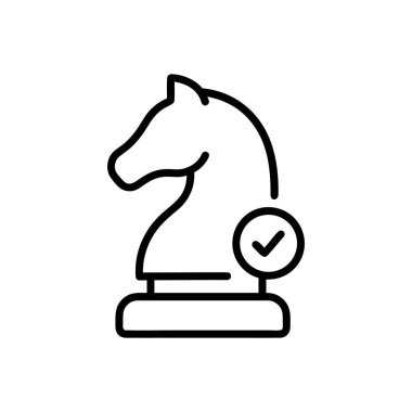 İşaret simgesine sahip satranç şövalyesi. İş yönetimi stratejisi planlama ve başarılı karar verme sürecinin siyah beyaz vektör sembolü.