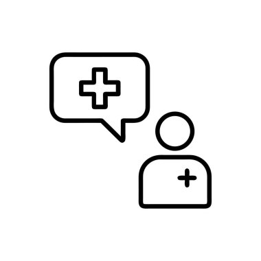 Tıbbi danışma hattı ikon doktoru hasta sağlığı tavsiyesi ile konuşuyor siyah-beyaz vektör illüstrasyonu