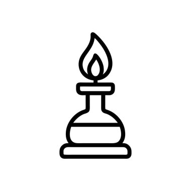 Black and white science vector illustration of a laboratory alcohol burner with flame icon for chemistry and education design