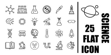 25 ince çizgi laboratuvarı ve siyah-beyaz araştırma sembollerinden oluşan bilim ana hatları simgeleri