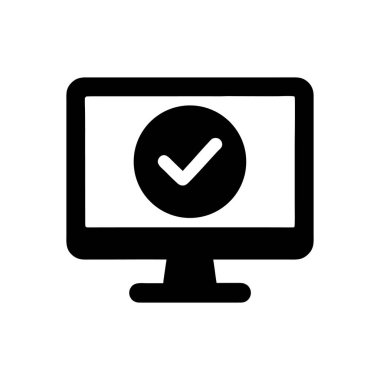 Çevrimiçi onay işi ve finansman doğrulaması için işaretli siyah-beyaz vektör sembolüne sahip bilgisayar ekranı