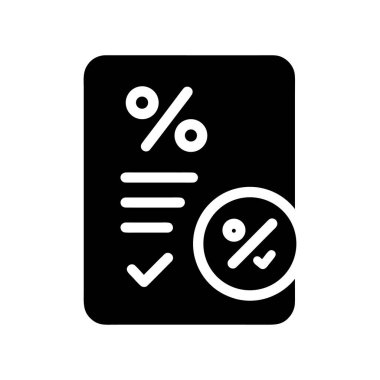 İşletme finans ve muhasebe için onay listesi ve onaylanmış faiz oranı sembolüne sahip siyah ve beyaz yüzdelik belge simgesi