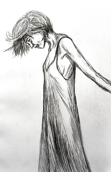 Desenho Lápis Uma Menina Vestido Olhando Para Baixo Correndo Nevoeiro — Vetor de Stock