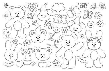 Cute outlines of puppy, bunny, teddy bear, butterfly, flowers, stars, rainbow for kid colouring book, animal sketch, cartoon character, comic, zoo, pet shop, vet, happy easter, floral print, tattoo