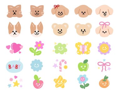 Cute vector illustrations of puppy, teddy bear and cat expressions, butterfly, flower, heart, orange, apple, candy for cartoon characters, comic, animals, pet shop, vet, emoji, mood, emotion, fruits