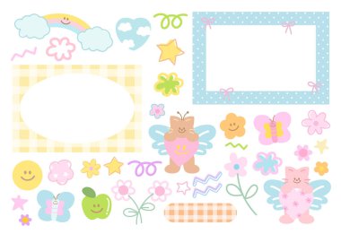 Kedi, kelebek, gökkuşağı, çiçek, çerçeve, kalp, hayvan elması, polaroid fotoğraf, reklam şablonu, çıkartmalar, doğa, bahçe, çiçek deseni, çizgi film karakterleri, maskot, meyve