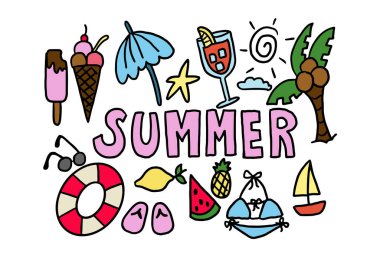 Dondurma, bir bardak ferahlatıcı şampanya, hindistan cevizi ağacı, güneş gözlüğü, karpuz dilimi, ananas, limon, bikini, güneş, tekne, sahil şemsiyesi, denizyıldızı, yüzme yüzüğü, terlikler de dahil olmak üzere yaz vektör çizimi