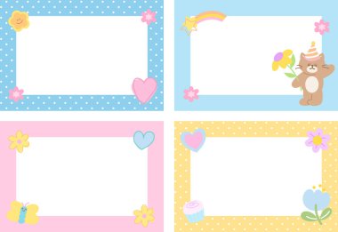 Şirin pastel dikdörtgen çerçeve seti, parti şapkası takan kedi, polka nokta desenleri, çiçekler, parmak izi için kelebek, polaroid fotoğraf, reklam şablonu, sosyal medya, poster, not defteri, yapışkan not, not, not defteri, not defteri, pankart