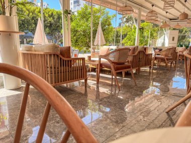 Ahşap masaları ve yumuşak pembe sandalyeleri olan rahat bir restoran. Yeşil bir bitki duvarı modern dekora doğal bir dokunuş katar..