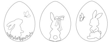 Paskalya yumurtası, tavşan silueti, çimen ve kelebeğin minimalist siyah çizgisi çizimi. Beyaz arkaplanda izole edilmiş basit taslak çizimi. Paskalya tasarımları, boyama sayfaları, çocuk çizimleri, tebrik kartları, ambalajlar, posterler için