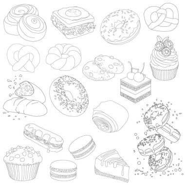 Fırın ve hamur işi sanat seti, elle çizilmiş tatlı eskizleri koleksiyonu.