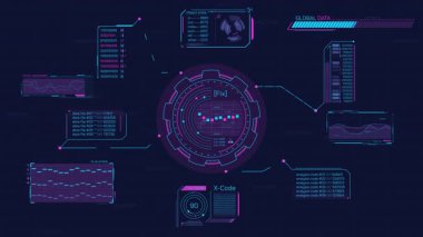 Kod parçaları ve çizelgeleri olan yüksek teknolojili bir ekrandaki soyut dijital veri işleme sistemi, alfa kanalı ile animasyon.