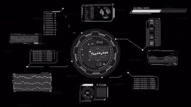 Kod parçaları ve çizelgeleri olan yüksek teknolojili bir ekranda soyut dijital veri analizi diyagramı, alfa kanalı ile animasyon.