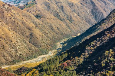 Dağlardaki dağ nehrinin havadan görünüşü. Sonbahar manzarası.
