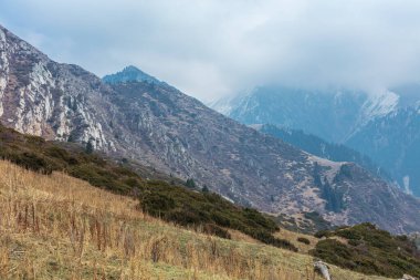 Bulutlu gökyüzü ile dağ manzarası