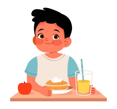 Cute boy eating pancakes and juice for breakfast. Flat vector illustration morning routine, wellness, and mindful family moments