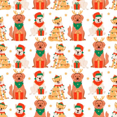 Adorable Christmas dog pattern featuring pugs, labradors, and shiba inu in cozy festive costumes. Ideal for winter celebration prints and joyful seasonal designs