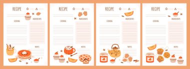 Balkabağı tatlısı, kakao kupası ve kırsal pastane detaylarıyla donatılmış samimi sonbahar tarifi sayfası vektörü. Yemek kitapları, planlamacılar ve mevsimlik günlük için mükemmel yazdırılabilir şablon