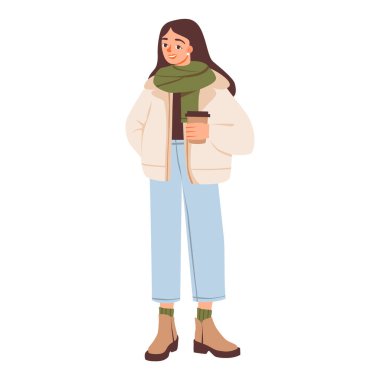 Elinde kahve tutan kışın gülümseyen kadın. Açık havada elinde kahve fincanı tutarken sıcak bir ceket, atkı ve bot giyen neşeli genç bir kadının vektör çizimi.