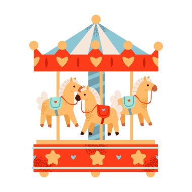 Atlı Çocuklar Atlısı. Eski ahşap bir Noel oyuncağının oyuncu düz çizimi, çocuklar için mükemmel, eğlence parkları, ya da tatil tasarımları.