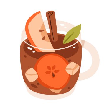 Tarçın çubuklu sıcak elma şarabı. Bardakta sıcak elma suyu, portakal dilimi, elma ve yaprak, sonbahar veya tatil içkisi temaları için mükemmel.