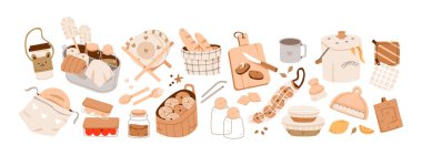 Sıfır atık mutfak esasları düz stil. Gübreleme, yeniden kullanılabilir konteynırlar ve doğal ahşap çatallarla sürdürülebilir mutfak elementleri.