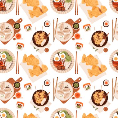 Asya Sokak Yemekleri ve Tabakları 'nın kusursuz deseni. Erişte, suşi, hamur köftesi, balık köftesi, sos ve çubuklu şiş gibi popüler Asya yemeklerini içeren düz bir vektör deseni var.