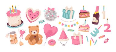 Sevimli doğum günü kutlaması seti. Pastalar, hediyeler, balonlar, tatlılar, oyuncaklar ve doğum günü için yumuşak pastel renkte parti dekorasyonları içeren eğlenceli bir illüstrasyon.