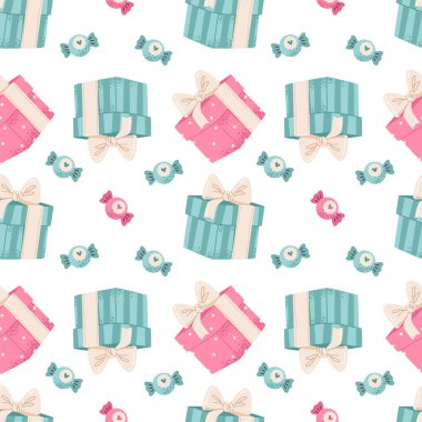 Pastel hediye kutuları ve şekerlerle kusursuz doğum günü şablonu. Beyaz arka planda pembe ve gök mavisi renkli hediye kutuları olan şirin yineleyici desenler. Kutlamalar için mükemmel.