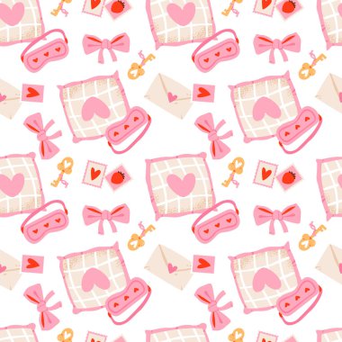 Yastıklı ve Hediyeli Valentine Deseni. Yastıkların, aşk mektuplarının, anahtarların ve fiyonkların olduğu hoş, pürüzsüz bir desen. Sevgililer Günü tasarımları için mükemmel.