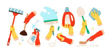 El Tutma Temizleme Malzemeleri ve Aletleri. Eldivenli eller paspas, pompa, sünger, fırça ve sprey şişeleri gibi çeşitli temizlik aletlerini tutuyor. Temizlik kavramı