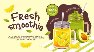 Canlı smoothie pankartında limon aşılanmış ve avokado ile yeşil detoks smoothies, doğal bileşenler vurgulanıyor ve sağlıklı enerji artırıcı içecekler